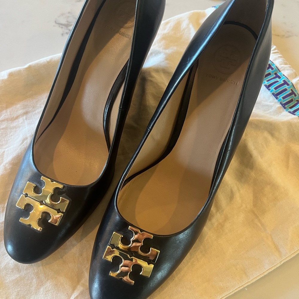 Tory Burch Black Leather Wedge Pumps with Gold Logo